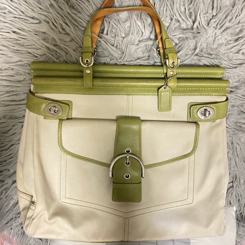 Coach Beige & Green Canvas Leather Tote